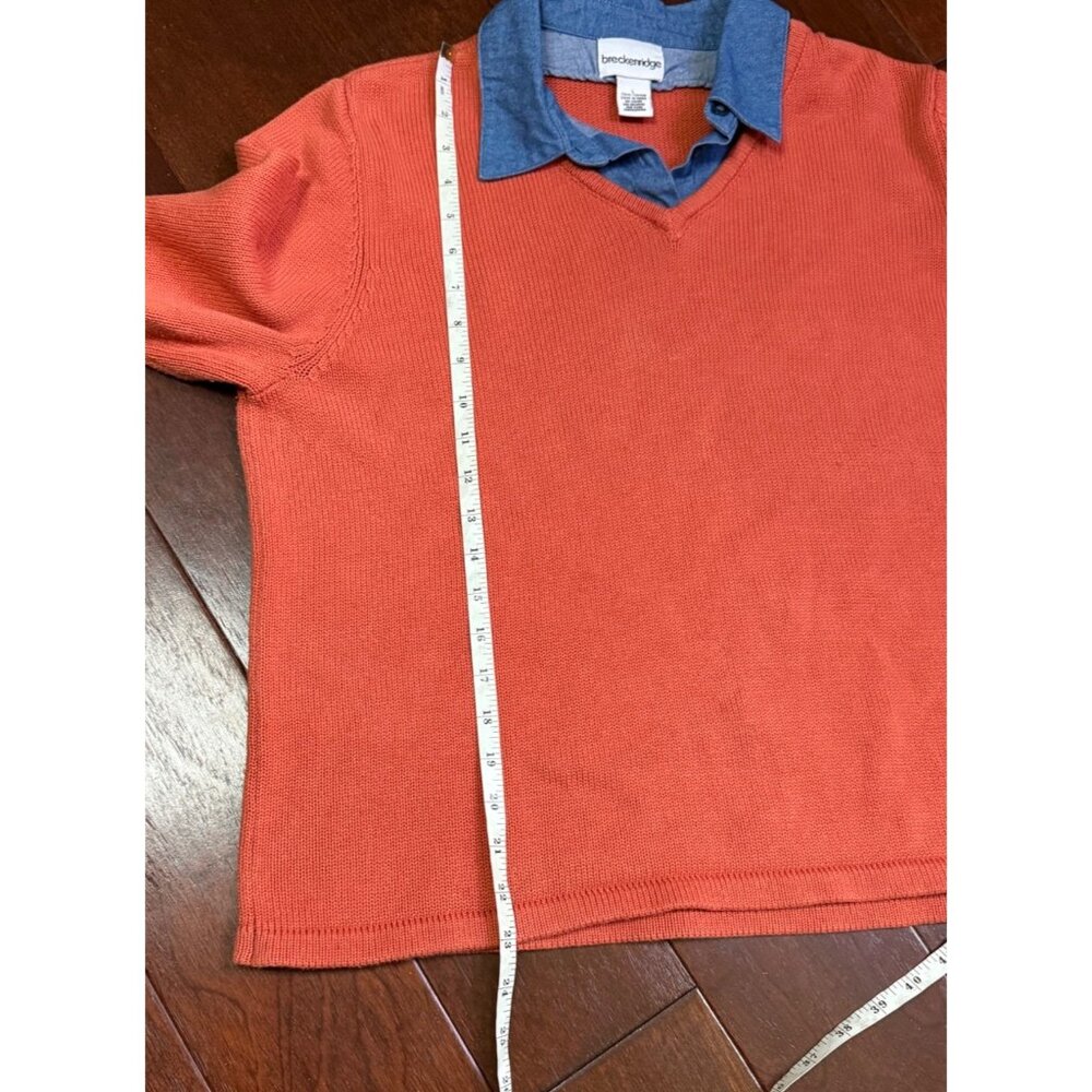 Breckenridge Womens V-Neck Orange Cotton Sweater with Jean Material Collar Large - Picture 10 of 13